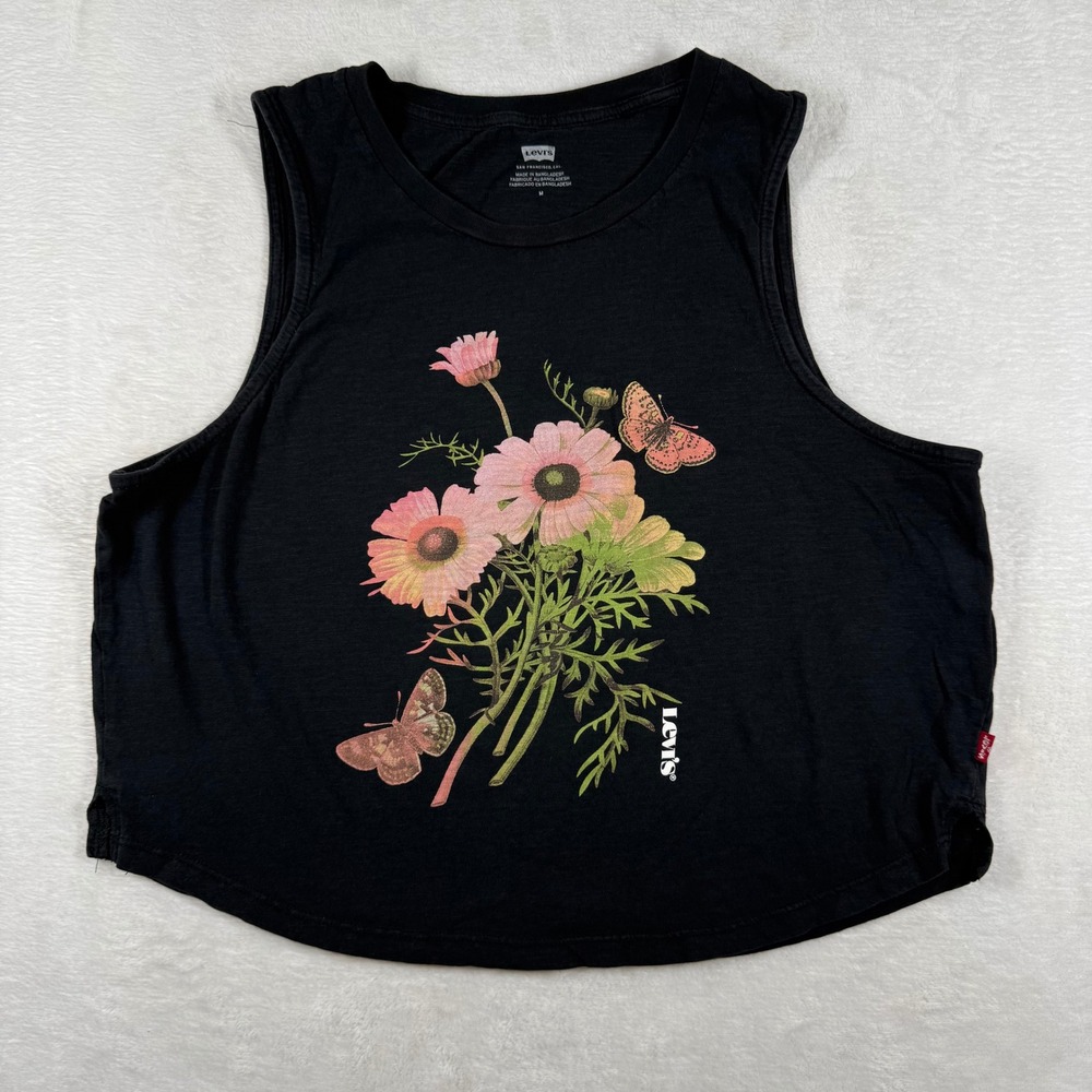 Levis Womens Black Floral Butterfly Graphic Cropped Muscle Tank Top Medium 9025